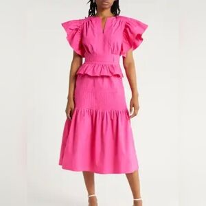 Wishlist Apparel Fuchsia Pink Ruffle Sleeve Peplum Midi Dress Women’s Small‎ NWT